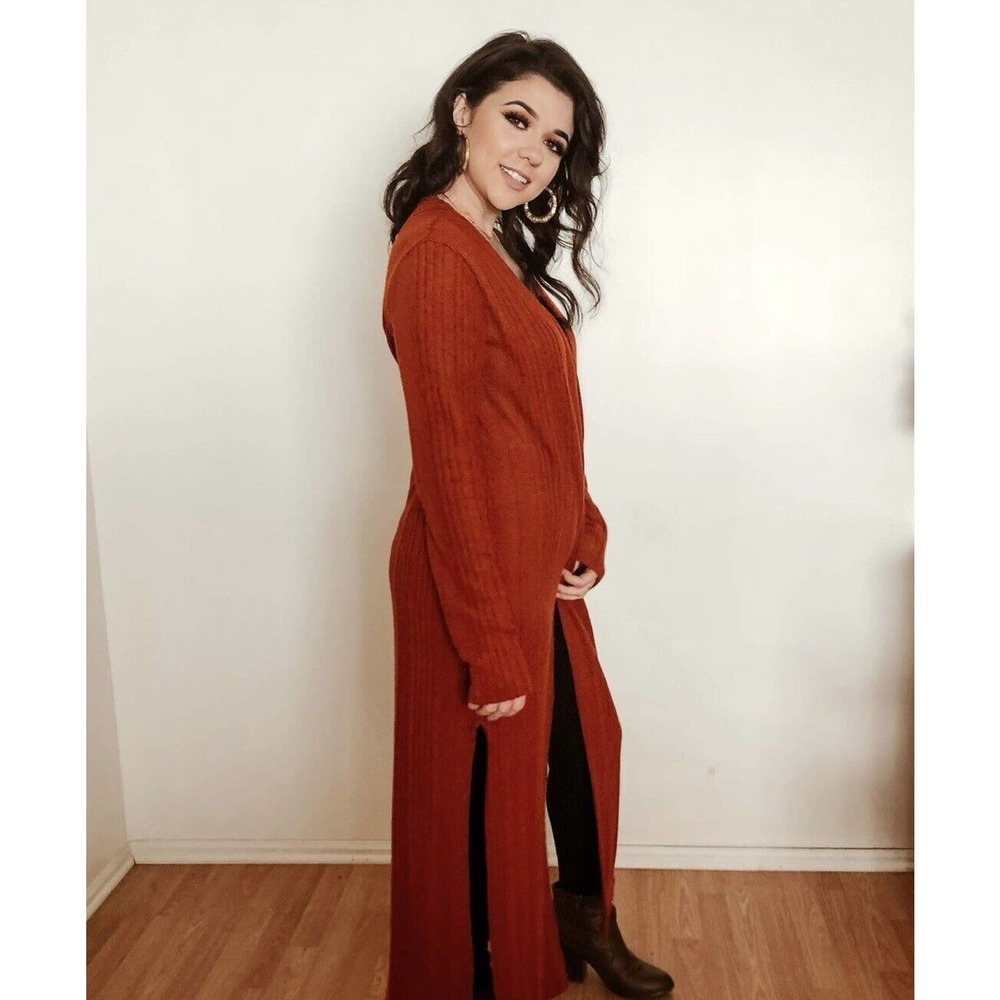 Pinkblush Rust Ribbed Longline Open Front Cardigan - Picture 2 of 13